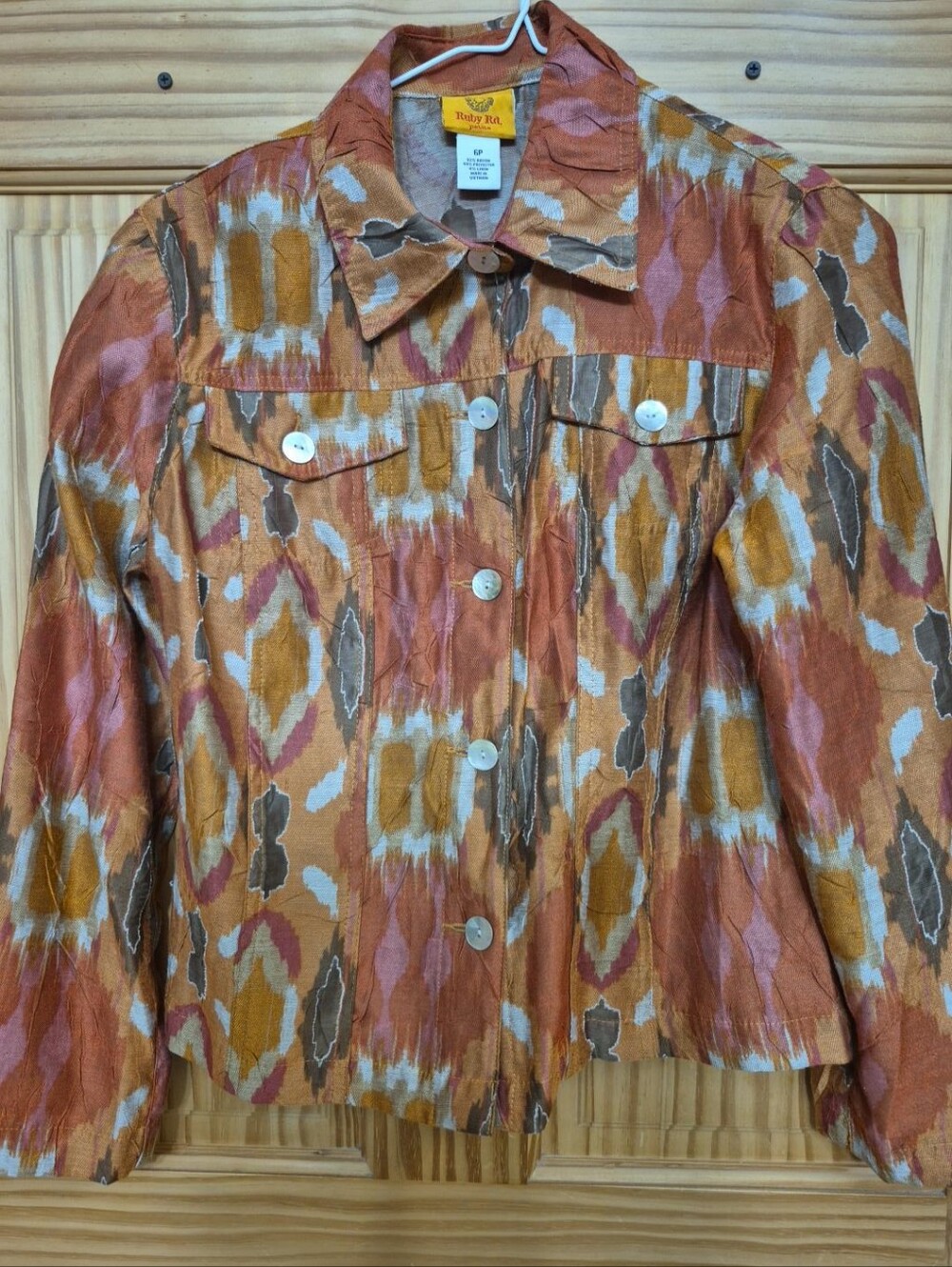 Ruby Rd. Petite Orange Multi Ikat Print Crinkle Button Front Jacket Size 6P